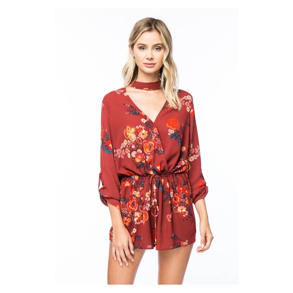 Red Floral Long Sleeve Drawstring Choker Romper - Picture 2 of 7